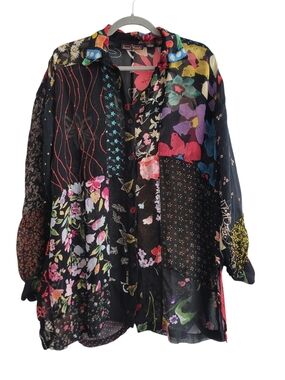 VTG Black Multi Floral Patchwork Button-Down Shirt Embroidered Artsy Funky M/L